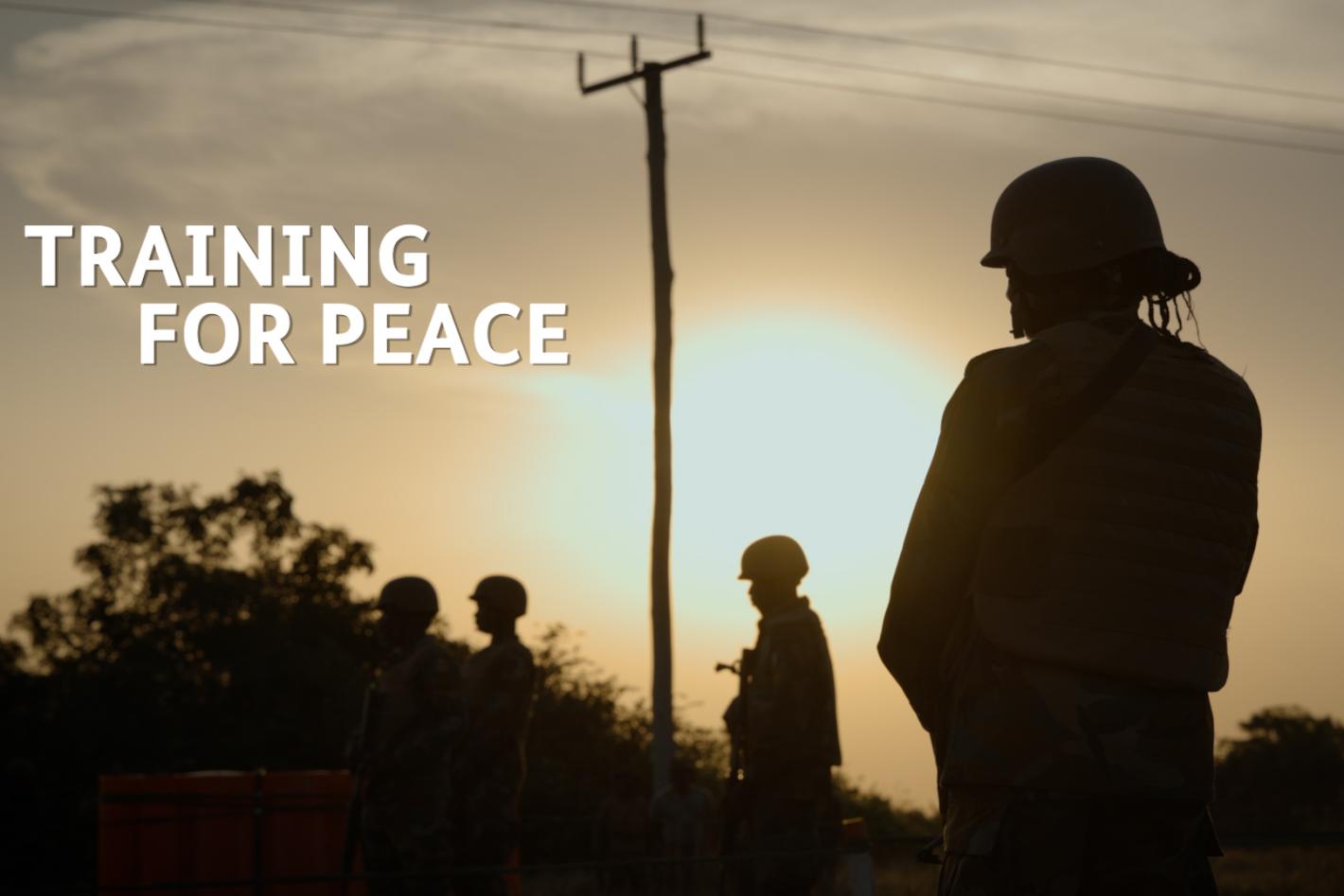 Silhouettes of peacekeepers at dusk.
