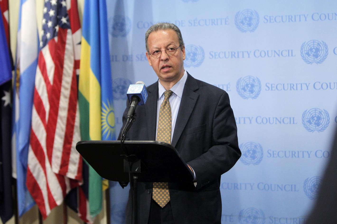 Jamal Benomar speaks to journalists following closed-door Security Council consultations 20 June 2014, United Nations, New York. UN Photo/Devra Berkowitz